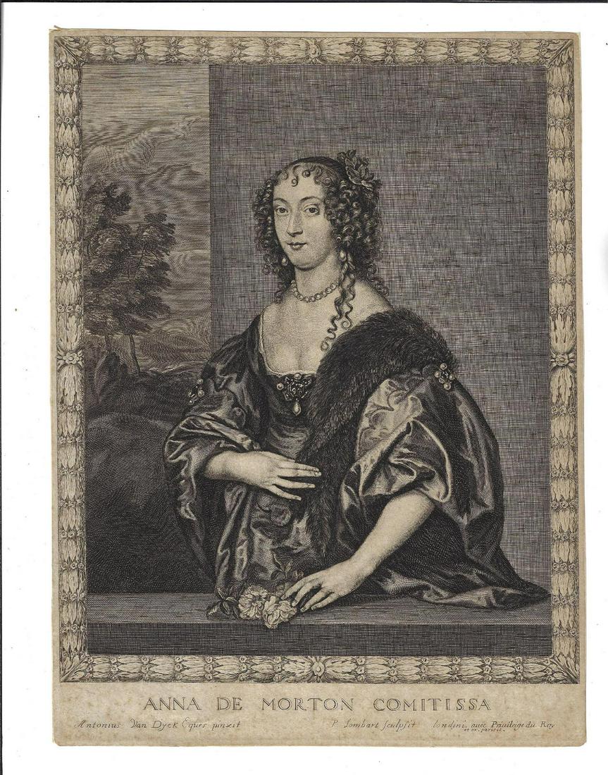 1660 Mezzotint Engraving Anna De Morton: A mezzotint engraving by Lombart after Antonio Van Dyck, of Anna de Morton Comitissa, circa 1660. Fine condition, measures 10 x 14". Reserve: $50.00 Shipping: Domestic: Flat-rate of $8.00 to anywhere 