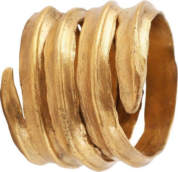 FINE VIKING COIL RING 850-1050 AD, SIZE 10 ¼: Size 10 ¼-10 1/2. Broadband with raised medial ridge. 4 full coils to 18.8mm, 0.74” (3/4”). The spiral or helix was a favorite form for Vikings, apparently with supernatural significa
