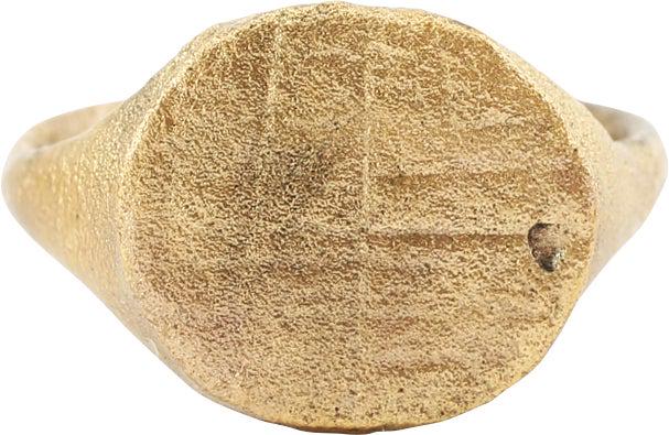 MEDIEVAL EUROPEAN RING C.900-1200 AD SIZE 5: Size 5 with rounded face tapered band 2.2mm, flaring to the shoulders. Raised oval bezel cut with a lattice, probably serving as a signet ring to seal wax and clay replacing an inked signature. Profes