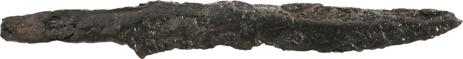 VIKING POUCH KNIFE, 9TH-11TH CENTURY: About 2 3/4” total length. Thick section for slashing. Whittle tang, to secure it to the wood, bone, or antler grip, now perished. Quite crisp with minimal degradation. These side or pouch knive