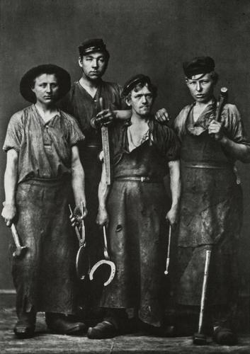 HEINRICH TONNIES - Four Young Blacksmiths, 1881: Artist: HEINRICH TONNIES Title: Four Young Blacksmiths, 1881 Medium: Duotone Photo Litho, 1984, Japan Dimensions: 6.25x8.85" Description: Heat Wax Mounted on 11x14" Conservation Board Artist Bio: Joha