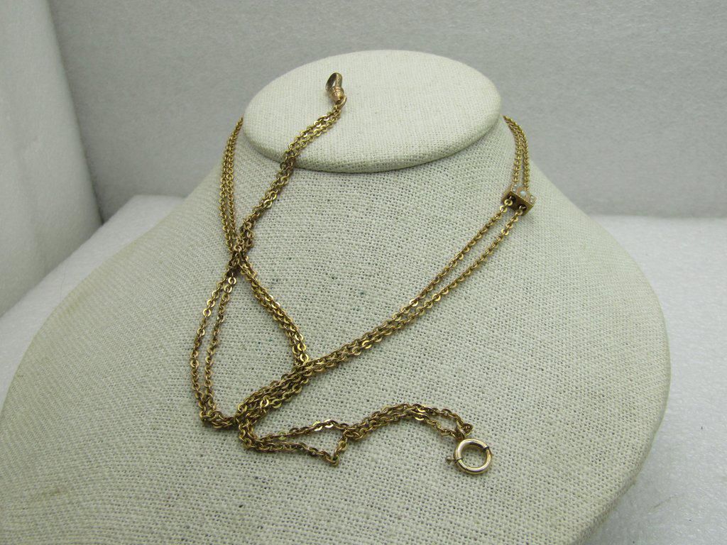 Victorian Ladies Seed Pearl Watch Chain with Slide,: True Vintage Victorian Ladies Seed Pearl watch chain, opera glass chain, eta., with slide. It is 48" long. 12kt Gold filled and in very good condition - especially for it's age - all stones present. T