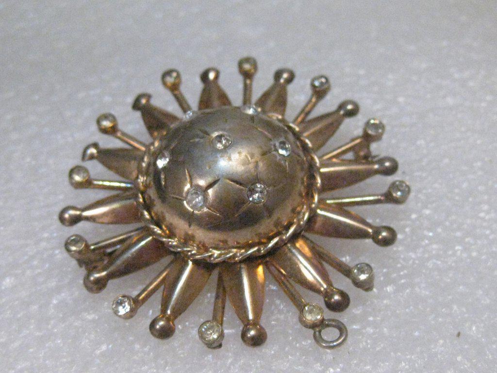 Vintage Sterling Silver Gold Washed Sun/Planet Brooch,: This is a 1940's gold over Sterling Silver Modern Style Sunburst or Planet Brooch, signed EnZell Sterling. This has a very Sci Fi theme too it - just in time for all those old timey movies with really