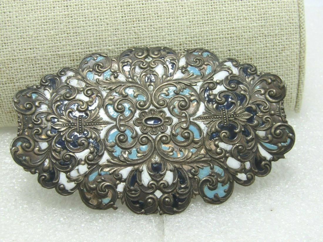Vintage Sterling Enameled Sash Buckle, Blue/White,: Vintage 1800's Sterling Enameled Buckle, this is 3.25" long and 2.25" wide and weight is 26.26grams. It is believed to be the late 1800's in age. It is a belt/sash buckle - it is likely just one side 
