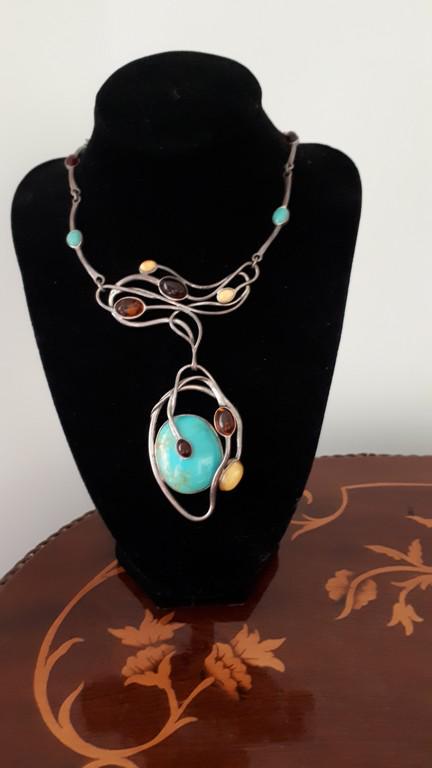 Awesome Turquoise Amber and Silver Necklace ( Danish (1 of 3)
