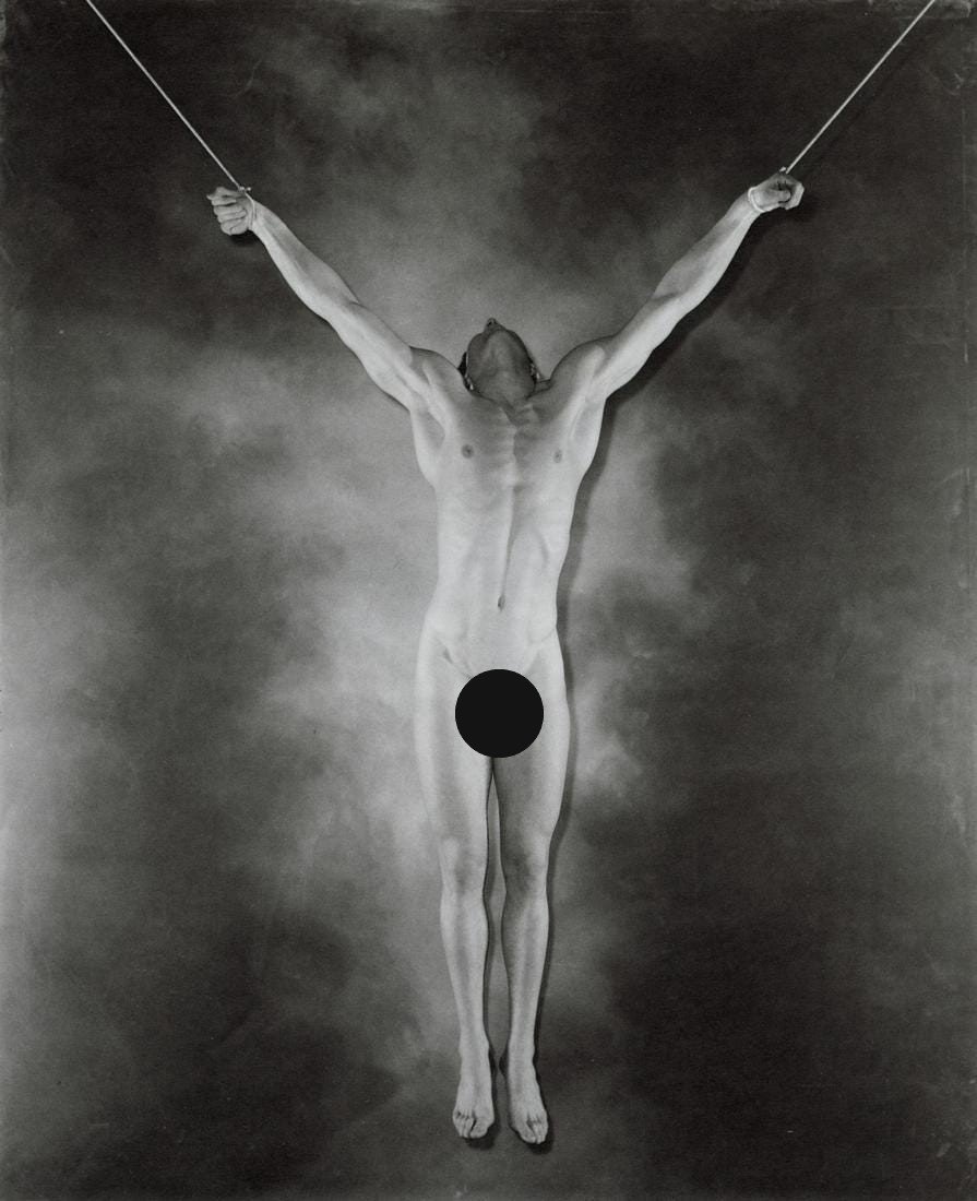 GEORGE PLATT-LYNES - Male Nude Hanging, 1940: Artist: GEORGE PLATT-LYNES Title: Male Nude Hanging, 1940 Medium: Photo Litho, 1993, USA Dimensions: 6.9x8.5" Description: Heat Wax Mounted on 11x14" Conservation Board Artist Bio: George Platt Lynes 