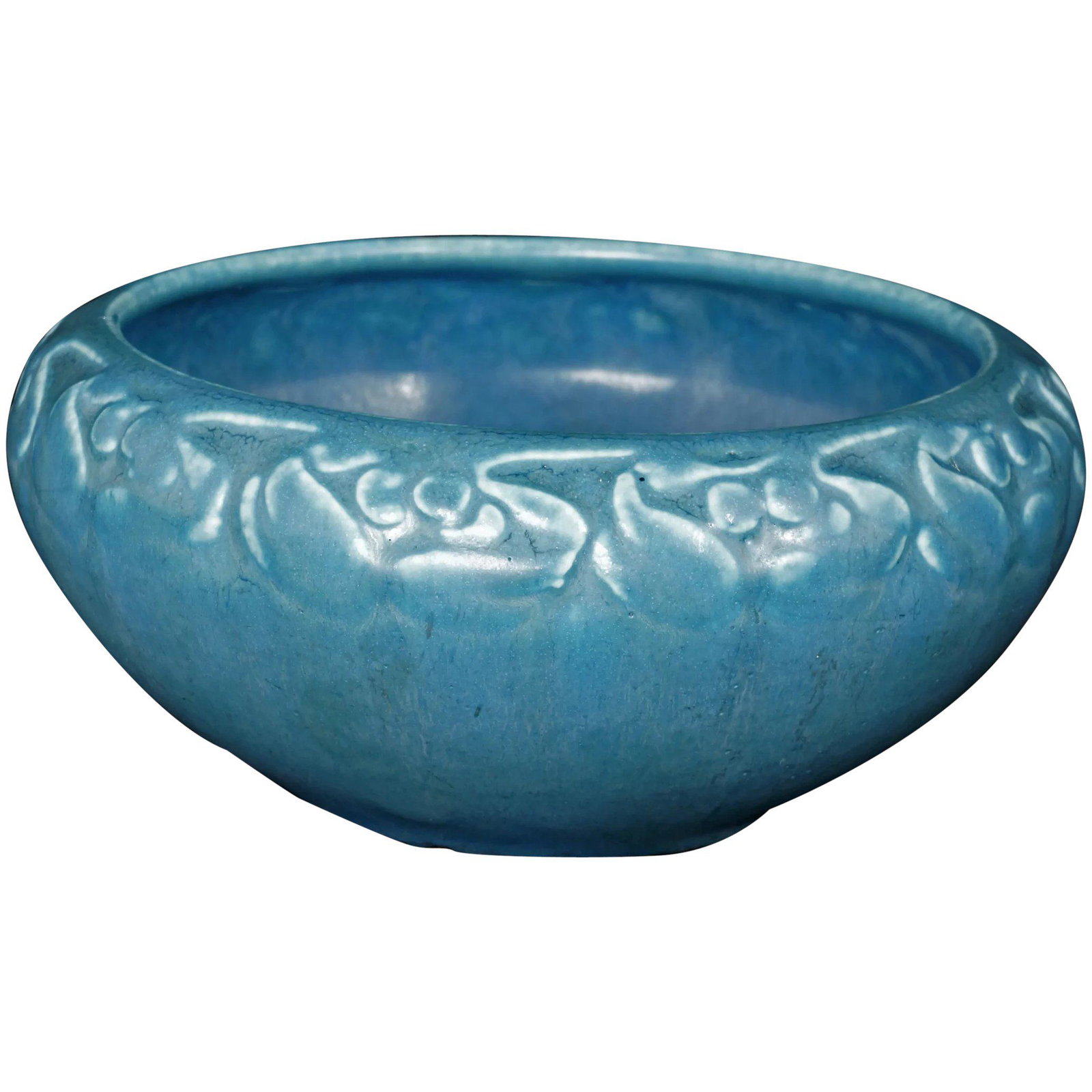 Arts and Crafts Rookwood Blue Bowl 1921: Title: Arts and Crafts Rookwood Blue Bowl 1921 Size: 4 ½” (11.4 cm) diameter x 2” (5.1 cm) tall. Description: A round shallow bowl with an indigo blue color glaze and an Arts and Crafts border at