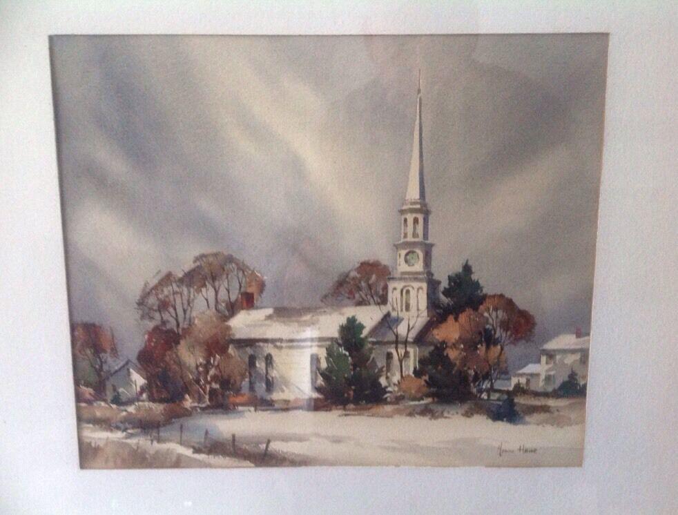 GORGEOUS WATERCOLOR CAPE COD STEEPLE CHURCH BY JOHN C: For sale is a lovely watercolor of a steeple church in Cape Cod MA. By listed Massachusetts, Florida, artist John Cuthbert Hare he is listed in many art leagues and his works are in Museums around the