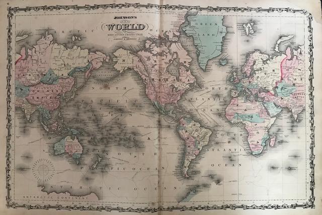 1861 World map with USA centric view point. By Johnson: Title: 1861 World map with USA centric view point. By Johnson Date/Period: 1861 Materials: Steel engraved. Size: 26 1/2 x 18”. By A. J. Johnson & J. H Colton. From 'Johnson's New Illustrated Family 