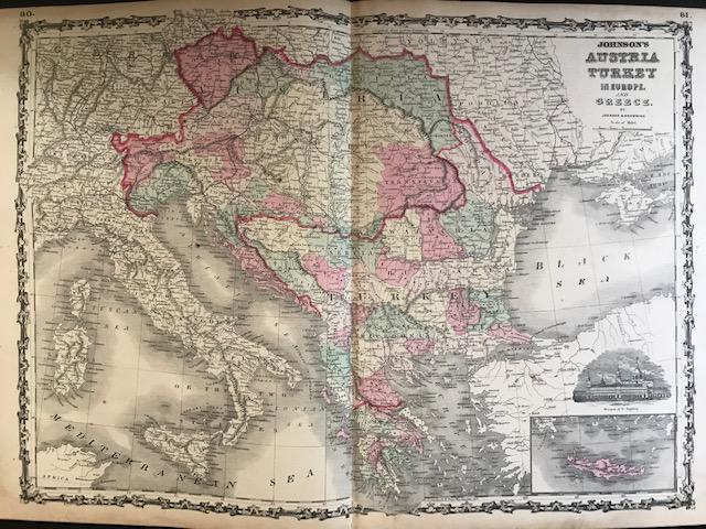Austrian Empire and Balkans . Shows Austria, Hungary,: Title: Austrian Empire and Balkans . Shows Austria, Hungary, Croatia, Bulgaria, Romania. Greece, Serbia, Albania, Bosnia and Slovenia. With insert of Crete. By Johnson Date/Period: 1861 Materials: Ste