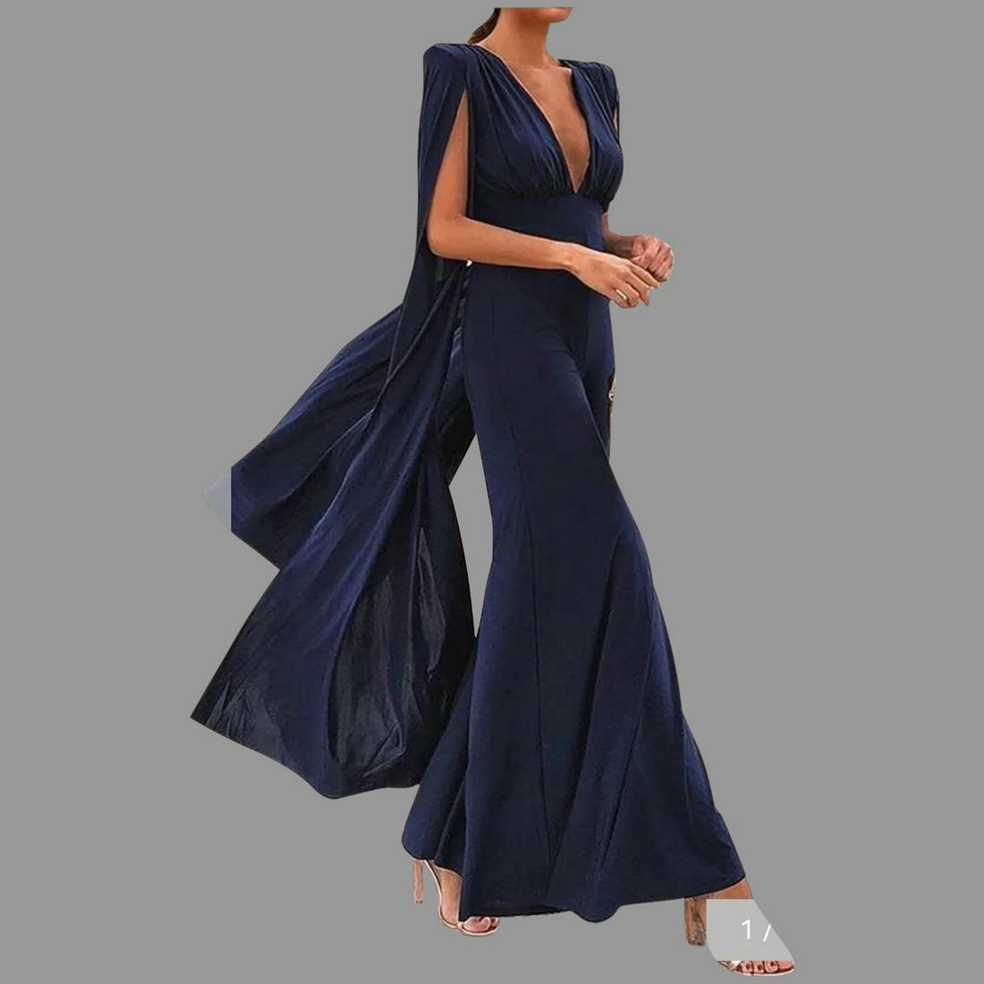 Sexy Backless Jumpsuit with wing flared sleeves: Solid Dark navy blue Jersey Jumpsuit,, very sensual backless with flared sleeves as wings. Back zipper. Wide bottom Legs. Never worn new Old Stock Size- M Reserve: $80.00 Shipping: Domestic: Flat-rate