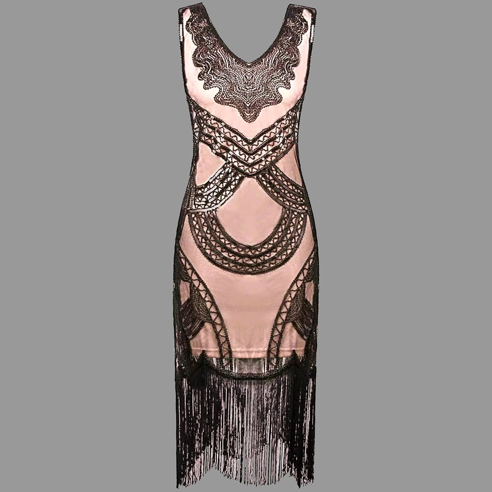 Vtg Flapper dress 1980's doing 1920's Great Gatsby Art: A Unique Exquisite bead and Sequins Embellished Flapper Dress 1980's doing 1920's Very Beautiful Art Deco Inspired dress with beige Illusion Underlayer The size is a M/L In Very good vintage condition