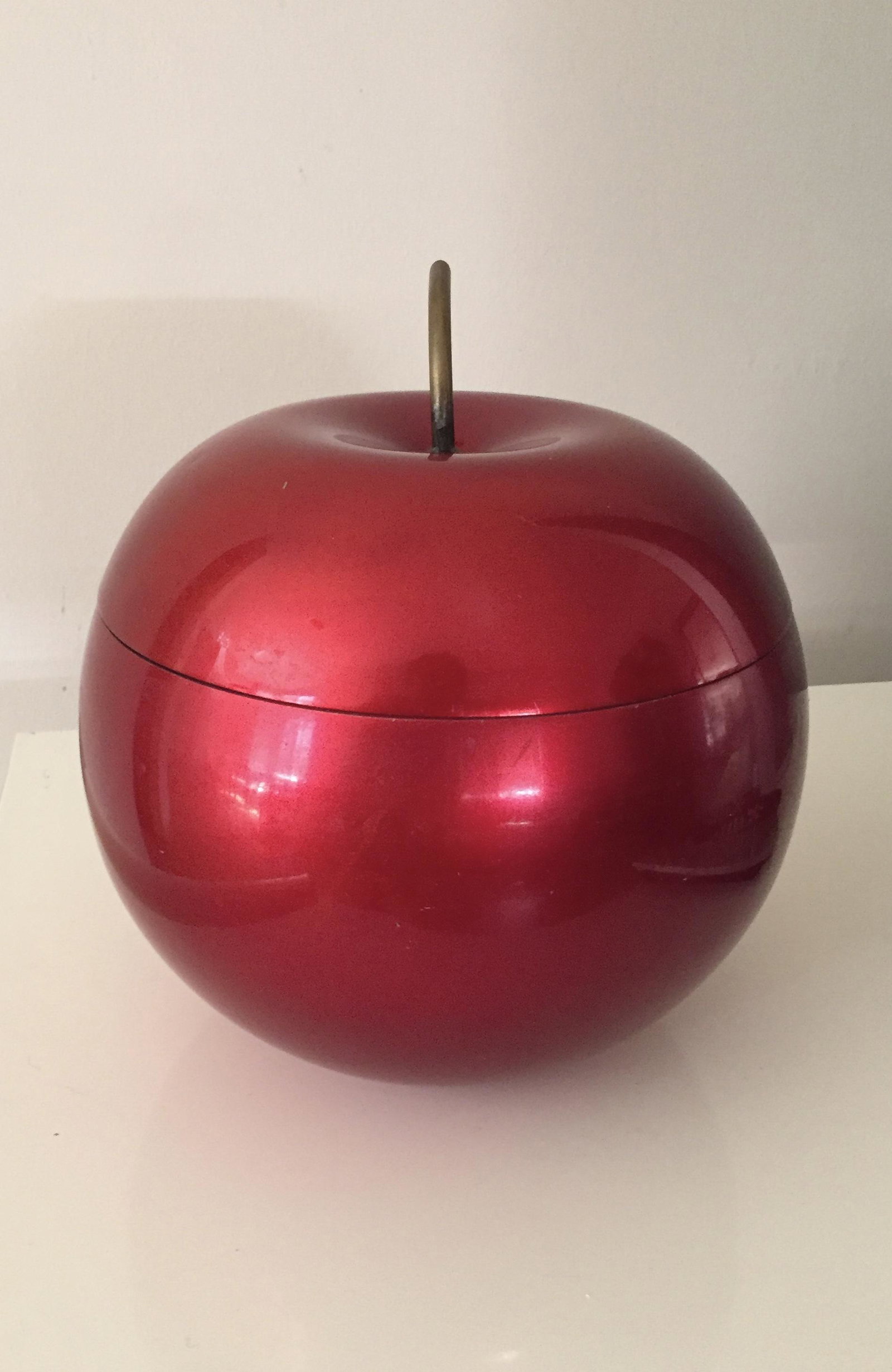 Mid century modern red apple cooler: Title: Mid century modern red apple cooler Date/Period: 1950 Materials: Enamel, metal, glass Dimensions: 9'' Additional Information: Enamelled metal with mercury glass Reserve: $35.00 Shipping: Domest