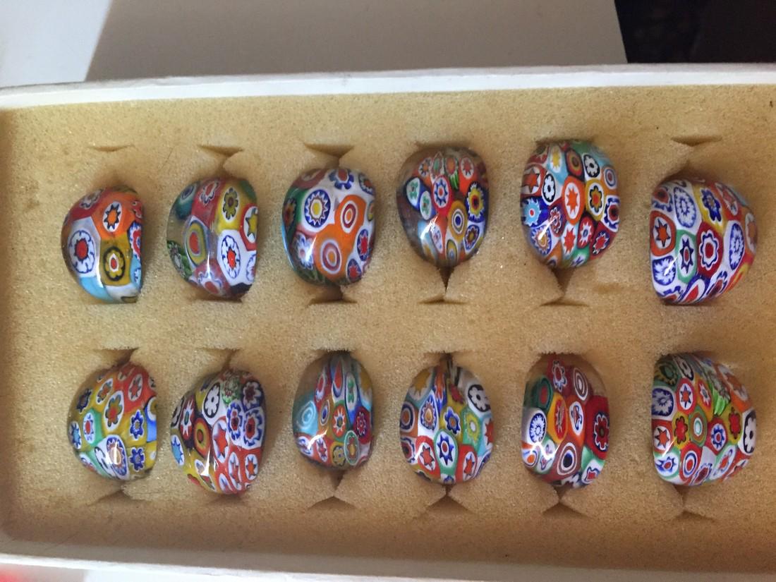 8 pcs Italian millefiori glass rings: Title: 8 pcs Italian millefiori glass rings Date/Period: 20th Century Materials: Glass Additional Information: Reserve: $55.00 Shipping: Domestic: Flat-rate of $10.00 to anywhere within the contiguous