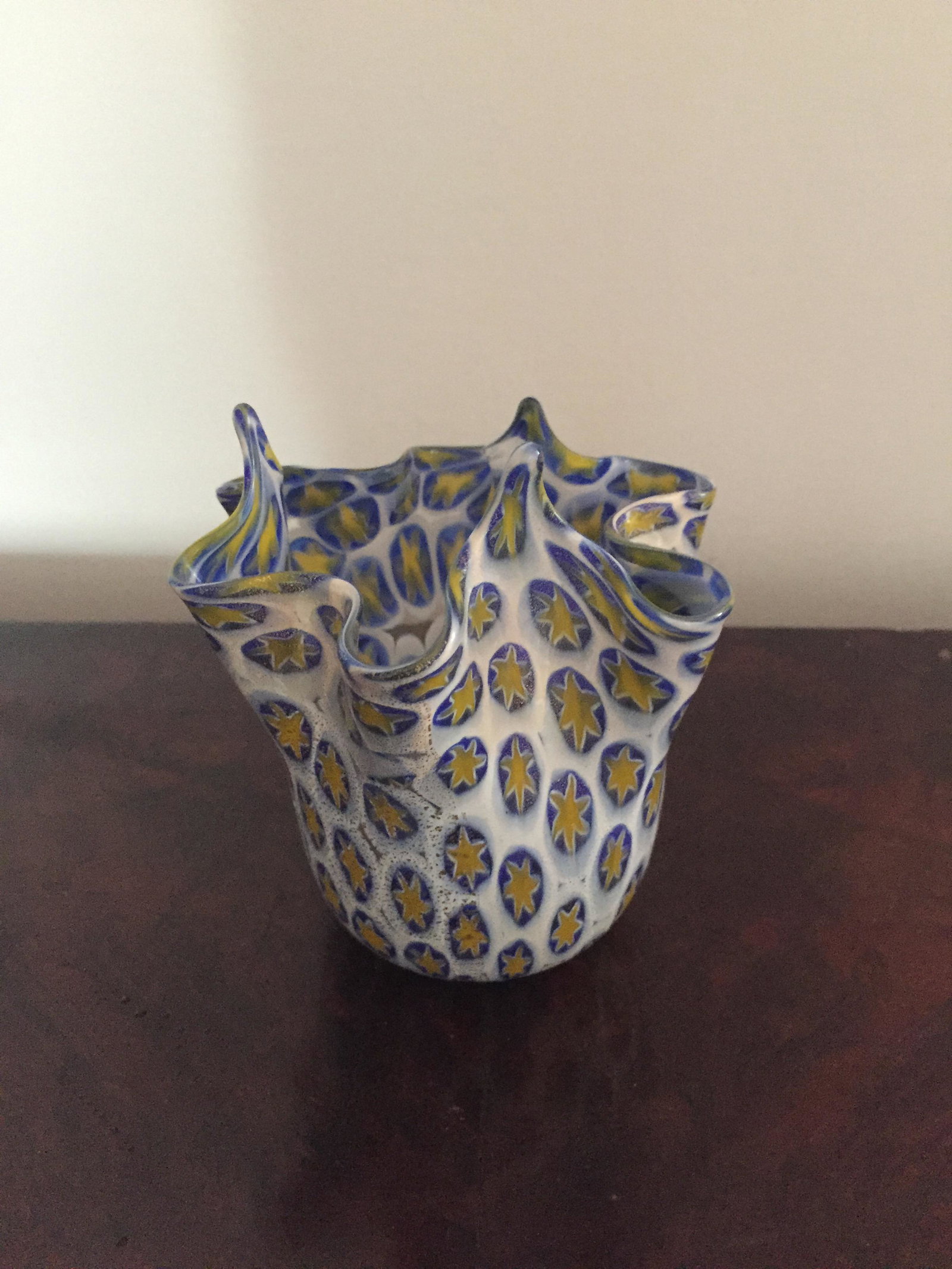 Murano millefiori handkerchief glass vase: Title: Murano millefiori handkerchief glass vase Date/Period: 20th Century Materials: Glass Dimensions: 5'' Additional Information: Reserve: $50.00 Shipping: Domestic: Flat-rate of $15.00 to anywhere 