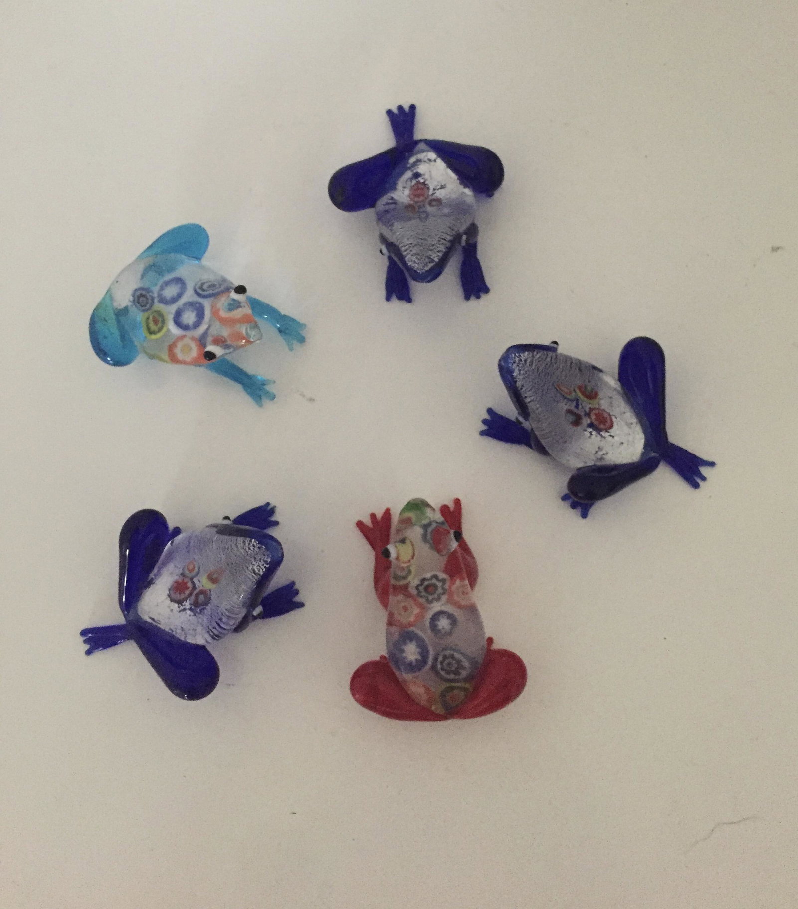 5 pcs Murano Millefiori frog figurines: Title: 5 pcs Murano Millefiori frog figurines Date/Period: 20th Century Materials: Glass Dimensions: 3'' Additional Information: Cobalt blue glass with silver foil, millefiori, Italy Reserve: $40.00 S