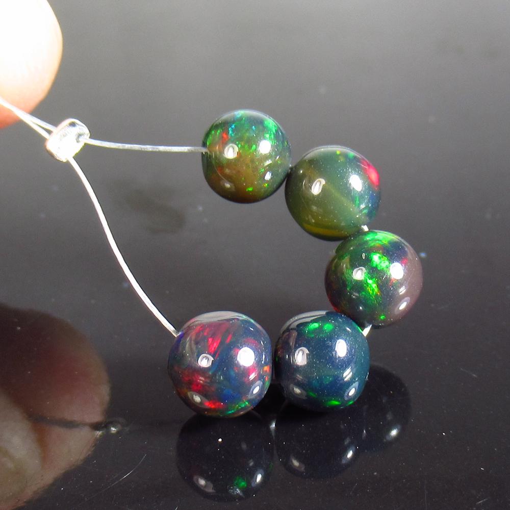 3.67 Ct Natural 5 Drilled Black Fire Opal Ball Beads (1 of 2)