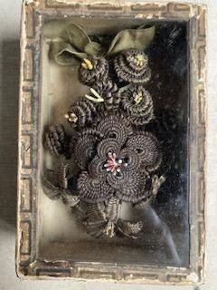 1850’s Elaborate Memorial Floral Hair Art diorama: Title: 1850’s Elaborate Memorial Floral Hair Art diorama Dimension: It’s a very small size measuring approximately 5 inches long and 3 inches wide. Provenance/Additional Info: Exquisite 1850’s F