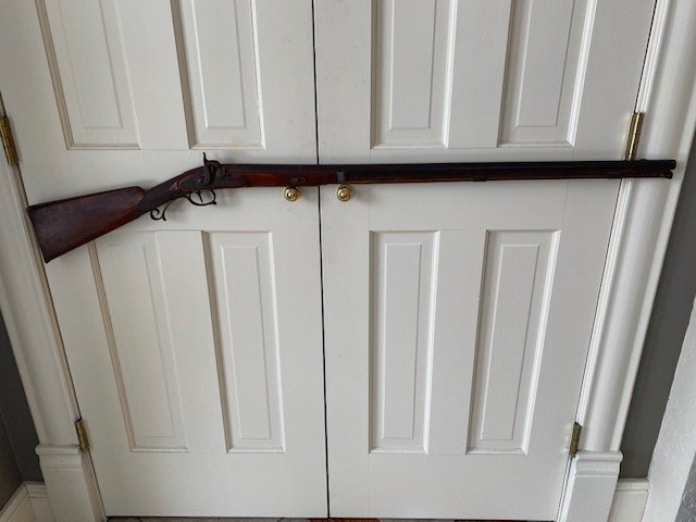 Percussion Rifle: Title: Percussion Rifle Provenance/Additional Info: Nice early 19th century percussion rifle, walnut stock with checkering at the wrist, brass and German silver hardware, original trumpet capped ramro