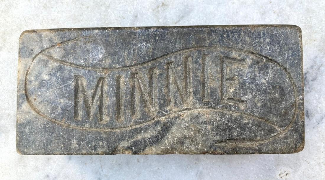 19thc soapstone block with carved MINNIE and a rose: Title: 19thc soapstone block with carved MINNIE and a rose Dimension: 6 3/4” long. 2 1/2” high. 3” deep Provenance/Additional Info: Shipping: Domestic: Flat-rate of $16.00 to anywhere w