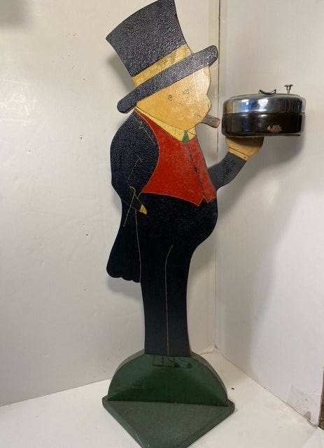 Folk Art Jiggs: Title: Folk Art Jiggs Dimension: 29" tall and 13" wide Provenance/Additional Info: A better than average Jiggs ash tray stand, near perfect condition, an old repaired break to his arm, see photo, came