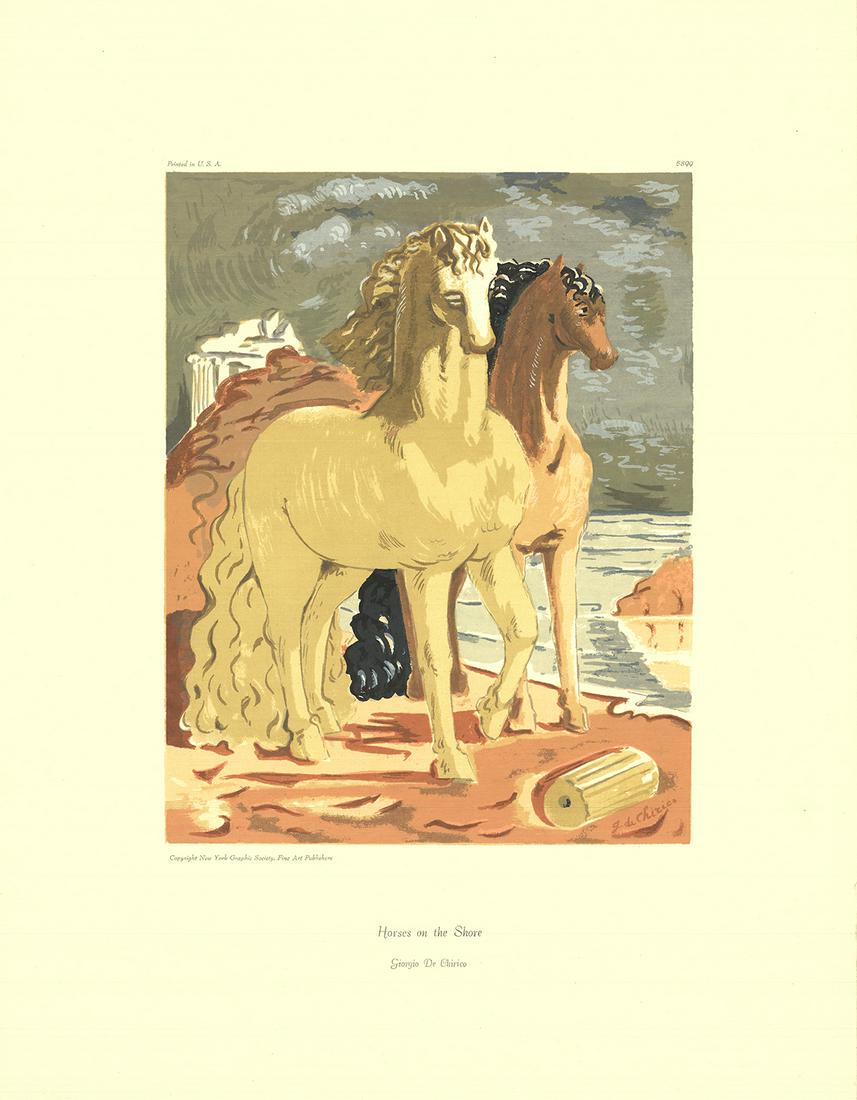 Horses on the Shore - Giorgio de Chirico: Title: Horses on the Shore Artist: Giorgio de Chirico Medium: Serigraph Dimension: 26 x 20 inches Additional Information: "Horses on the Shore" by Giorgio de Chirico, Unsigned Serigraph. Paper size is