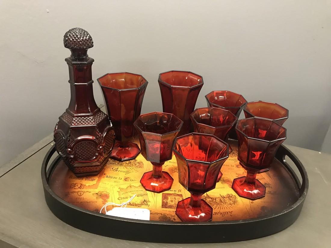 Avon Cape Cod Wine Decanter with Goblets: Title: Avon Cape Cod Wine Decanter with Goblets Additional Information: Avon Cape Cod Wine Decanter with 2 Large Wine Goblets and 6 Small Goblets. 1970's. Excellent Condition. Gorgeous set that would