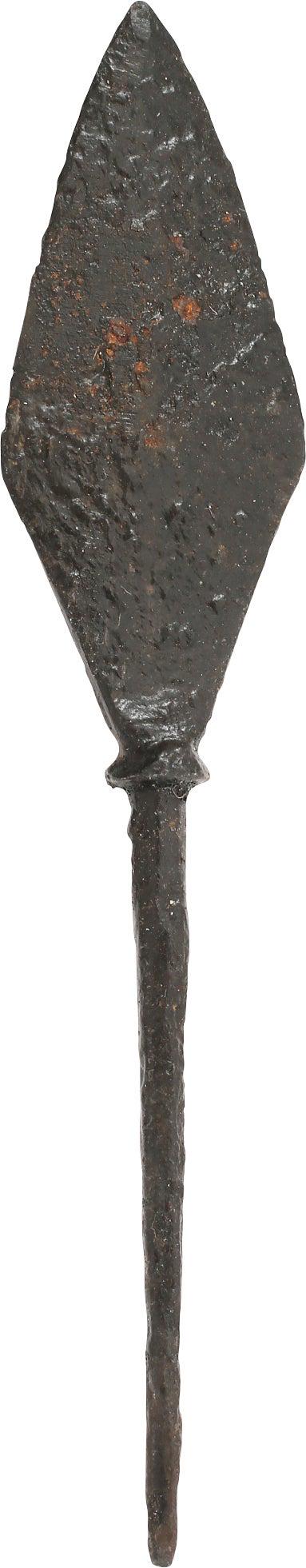 VIKING ARROWHEAD C.850-1100 AD: 3 1/2" total length. Well forged. A flesh cutting arrow with a diamond-shaped point on expanded foot with a tapered tang. Used against unarmed civilians for raiding before the attack. Vikings menaced 