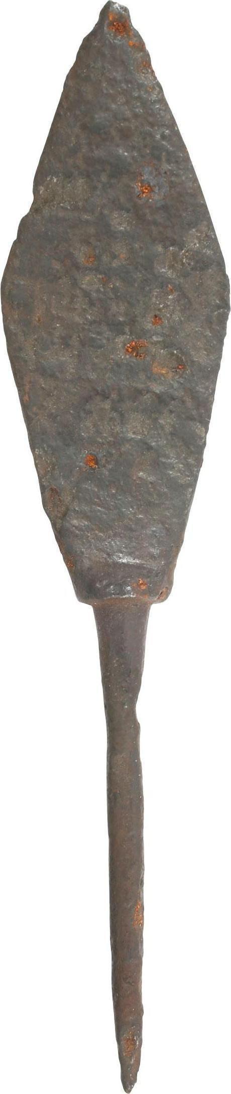 VIKING ARROWHEAD 850-1100 AD.: 3 3/4" total length. Well forged with a slight medial ridge one side and the other flat. A flesh cutting arrow with a leaf-shaped point on spread foot with a tapered tang. Used against unarmed civilia
