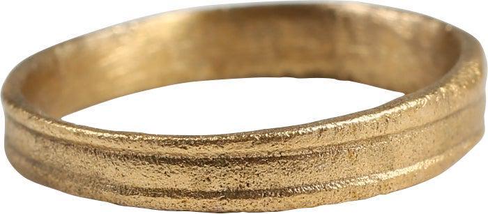 ANCIENT VIKING WEDDING RING C.1000 AD SZ 5 1/2: Late 9th-early 11th century AD. Gilt bronze, size 5 1/2 for a woman. 3.3mm band with a flat face incised with two lines resulting in a triple band effect. Surface lightly textured from burial. Profess