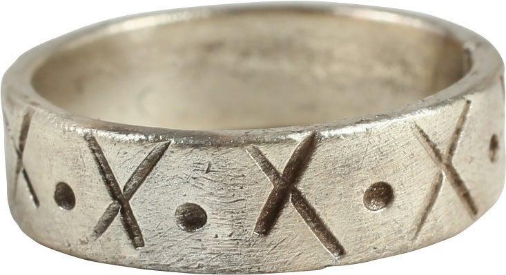 FINE VIKING WEDDING RING, 850-1050 AD SIZE 6 1/2: Silvered bronze, size 6 1/2, thick 52.mm width band. Flat surface hand decorated with a bold alternate X and dot motif. Professionally refurbished with the pure silver surface restored. Gift boxed wit