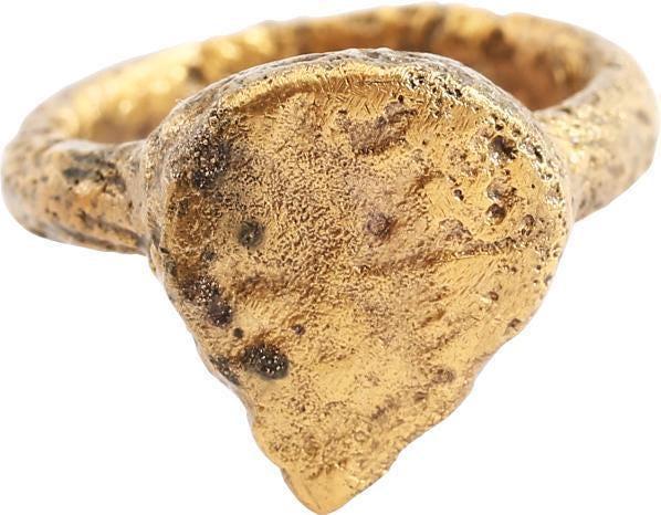 ANCIENT VIKING HEART RING C.900-1050 AD JEWELRY, SIZE 4: Heavy rounded face band, 3.3mm, with bottom nub. Early form heart bezel, thick, flat and made without the cusped top as later. The cusped top form was used toward the end of the Viking era and the rou