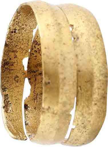 FINE VIKING COIL RING, 10th CENTURY AD SIZE 10 1/4: Gilt bronze. Size 10 1/4-10 1/2. Medially ridged band in 2 coils to just under 3/8" width. Lightly textured from burial. Sound wearable condition and professionally refurbished with the 24karat gold s