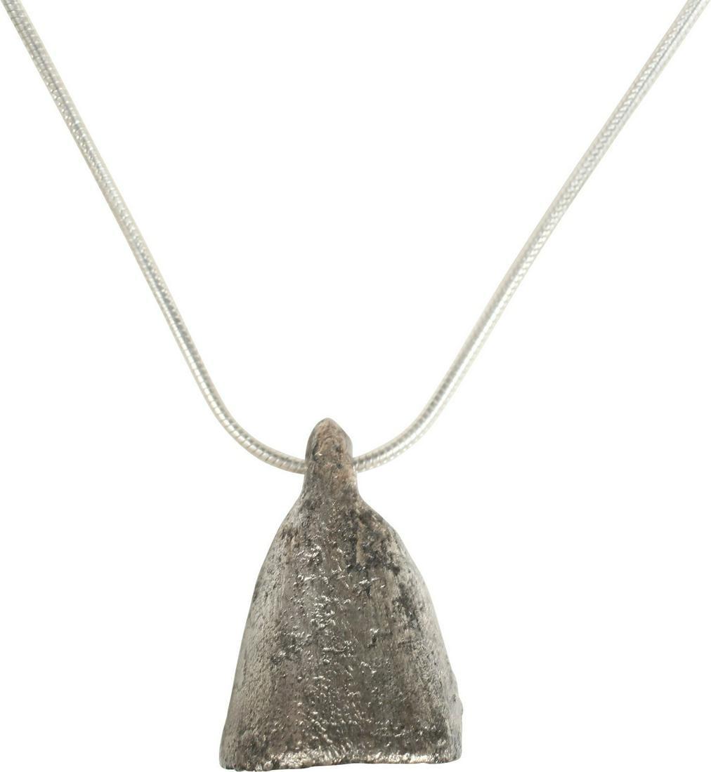 CELTIC VOTIVE BELL NECKLACE 7th-5th CENT BC: Bronze, over 3/4" height, delicately cast with integral suspension loop. Generally acknowledged as exchange objects (money) these frequently, as here, are encountered with pieces chipped out. Specific