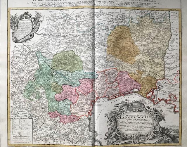 South of France, region of Languedoc. 1762 by Homann: Title: South of France, region of Languedoc. 1762 by Homann Heirs Date/Period: 1762 Materials: Copper plate engraved Size: 24 x 20 1/2" 1762, by J. B. Homann & Homann Heirs, from "Atlas Homannianus Ma