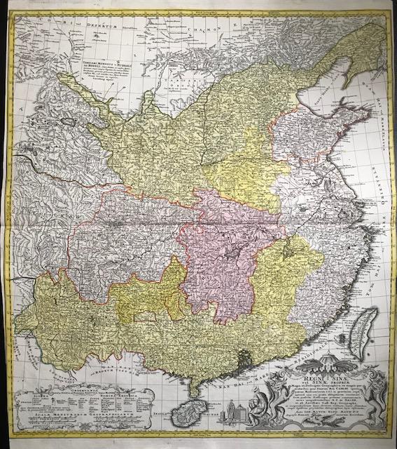 China 1762 by Homann Heirs: Title: China 1762 by Homann Heirs Date/Period: 1762 Materials: Copperplate engraved Size: 24 x 20 1/2" Shows all of China proper in great detail. The Great Wall on the northern areas, notes on Mongol 