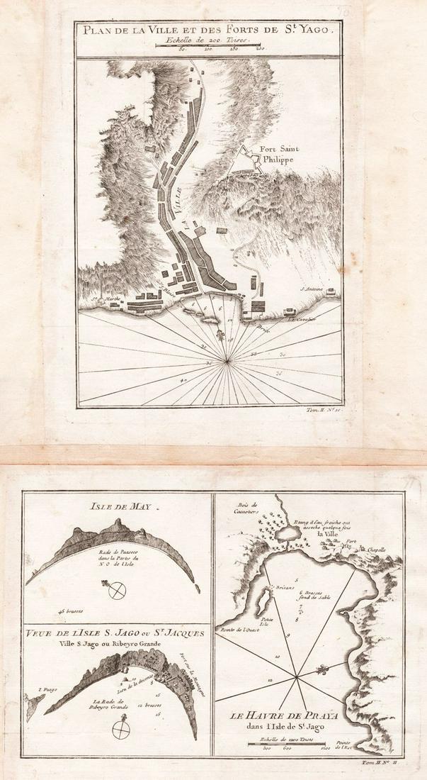 Bellin: Four Cape Verde Plans & Views (2 sheets: Title/Content of Map: Bellin: Four Cape Verde Plans & Views (2 sheets Date Printed: 1746/1760, Paris Cartographer: Bellin Size: 5 5/8" x 8 1/8" (St. Yago plan); 8 1/8" x 4 1/8" (three views/plans) Fou