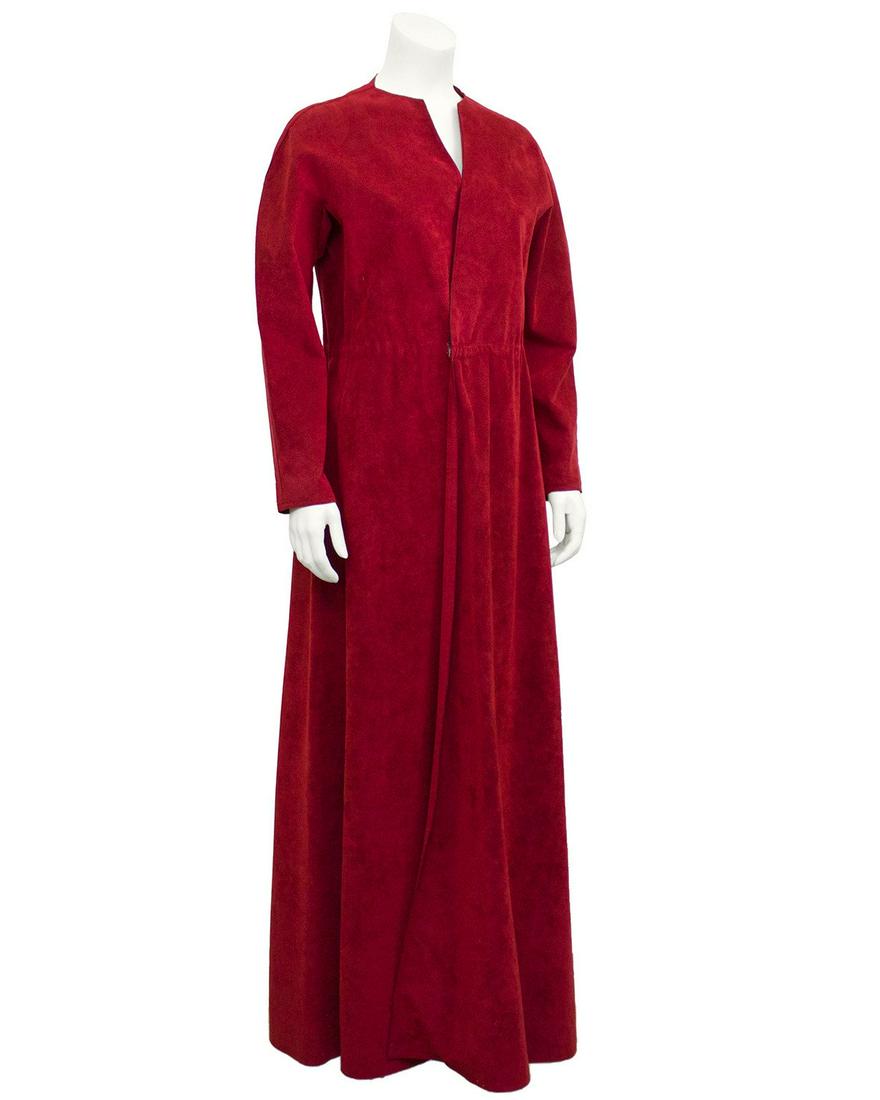 Halston Red Ultra Suede Gown: Brand: Halston Title: Halston Red Ultra Suede Gown Additional Information: 1970's long sleeve, deep red, ultra suede gown. Fabric was revolutionary for the time. Machine washable, wrap style with velc