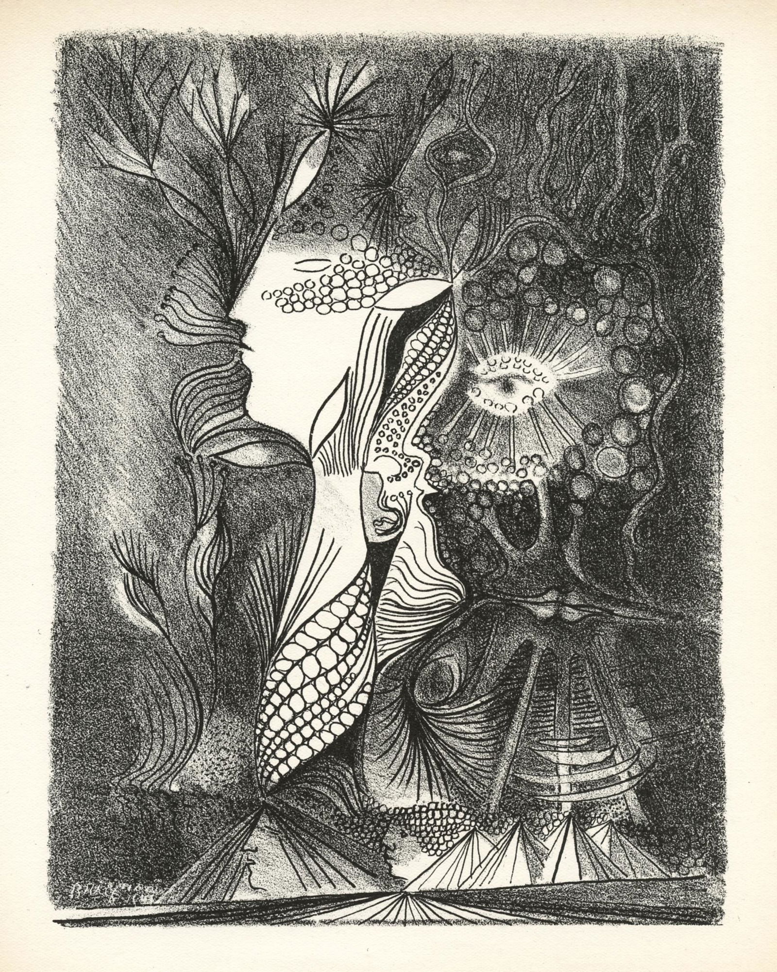 Serge Brignoni original lithograph: Medium: original lithograph. Printed in Paris by Mourlot and published by Pierre à Feu and Maeght Editeur for the Marcel Duchamp / André Breton project Surréalisme en 1947. Issued in a limited edit