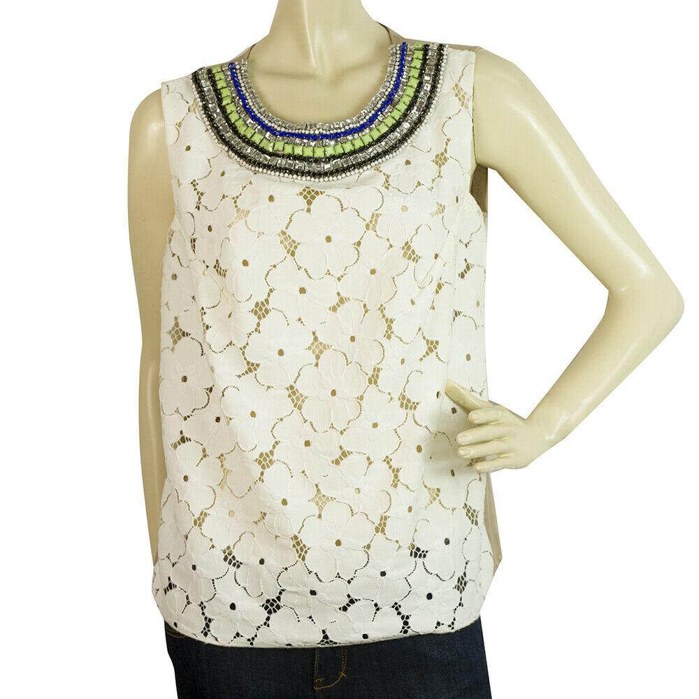 Max Mara White Broderie Beaded Bib Front Tank Vest: Max Mara White Broderie Beaded Bib Front Tank Vest Sleeveless Top size M This Romantic Max Mara top features white cotton broderie front with multicolored beaded neckline and beige polyamide back. Pai