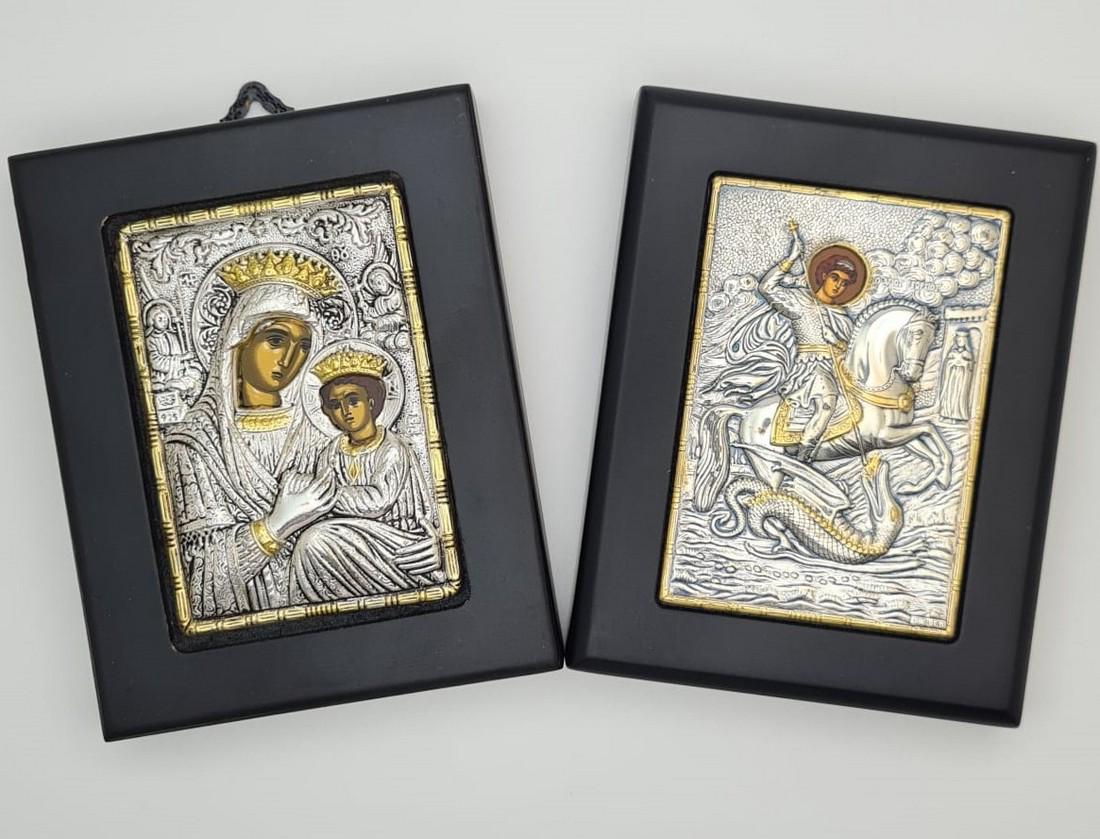 Clarte Silver Byzantine style ST.George and Holy Virgin: Title: Clarte Silver Byzantine style ST.George and Holy Virgin Mary Icons Origin: Size/Dimensions: 3.4x4.4 inch with frame Material: 925 Silver Date/Period:2005 Description: 925 Silver Byzantine style