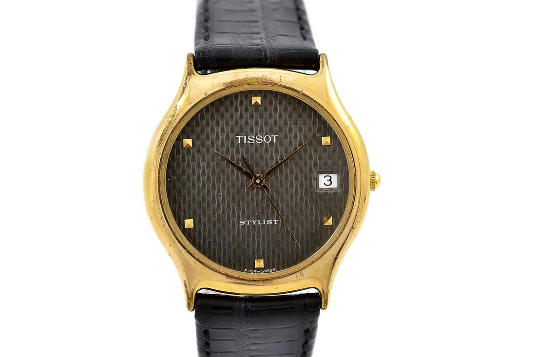 Vintage Tissot Stylist Gold Plated Quartz Midsize Watch: Title: Vintage Tissot Stylist Gold Plated Quartz Midsize Watch Brand: Tissot Date: 1990s Model: Stylist Movement: Quartz Functions: Time and date Case Metal: Gold plated, wear on plating. Case Size: 3