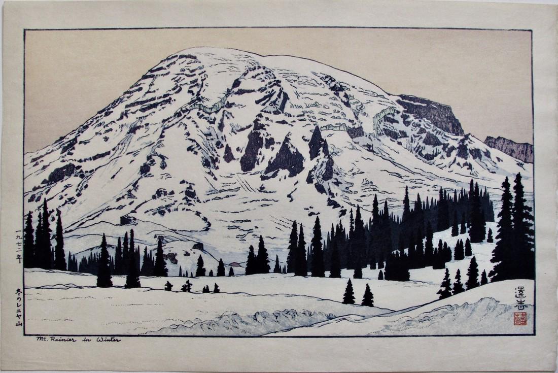 Toshi Yoshida: Mt Rainier in Winter: Artist: Toshi YOSHIDA (1911-1995); Subject: Mt. Rainier in Winter; Publisher: Self; Signature:; Toshi Yoshida in block with seal; Date: 1972; Format: 55.5 x 36.5 cm; Condition: Fine impression, color