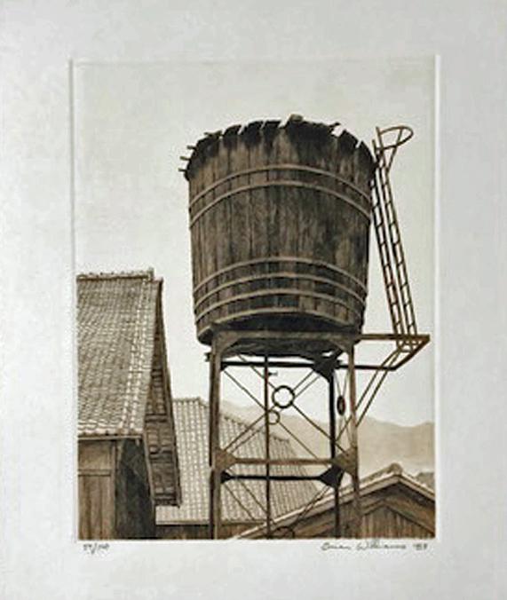 Water Tower: Title: Water Tower Artist: Brian Williams (B, - 1950) Size: Print image measures 9 X 12 inches plus wide margins Date: 1985 Medium:Lithograph and aquatint print Edition: Limited edition #59/120 Descri