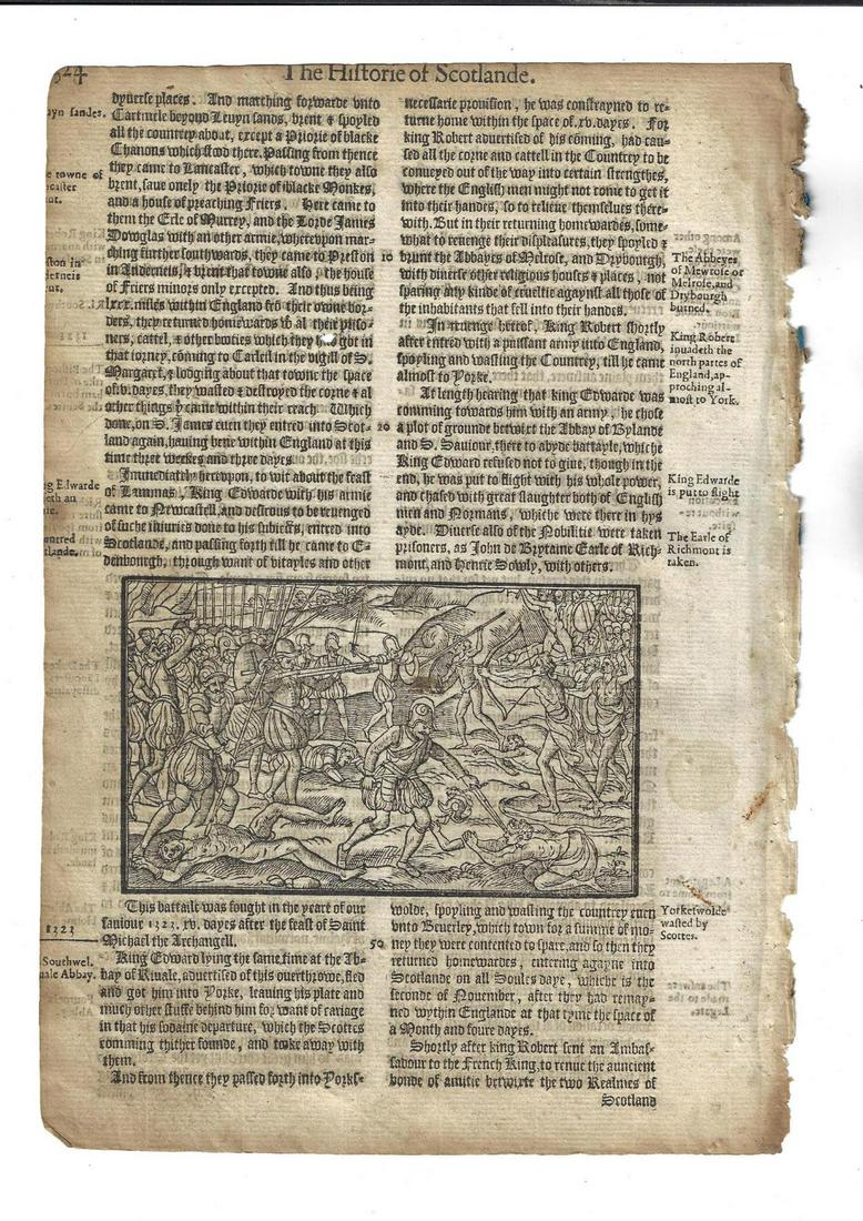 1577 Leaf Woodcut Scot Battle Against English: A leaf from Holinshed Chronicles History of Scotland with woodcut showing the English fighting the Scots. Folio 323/324. Very Good, Light crop to right margin, measures 7.5 x 11". Reserve: $40.00 Ship