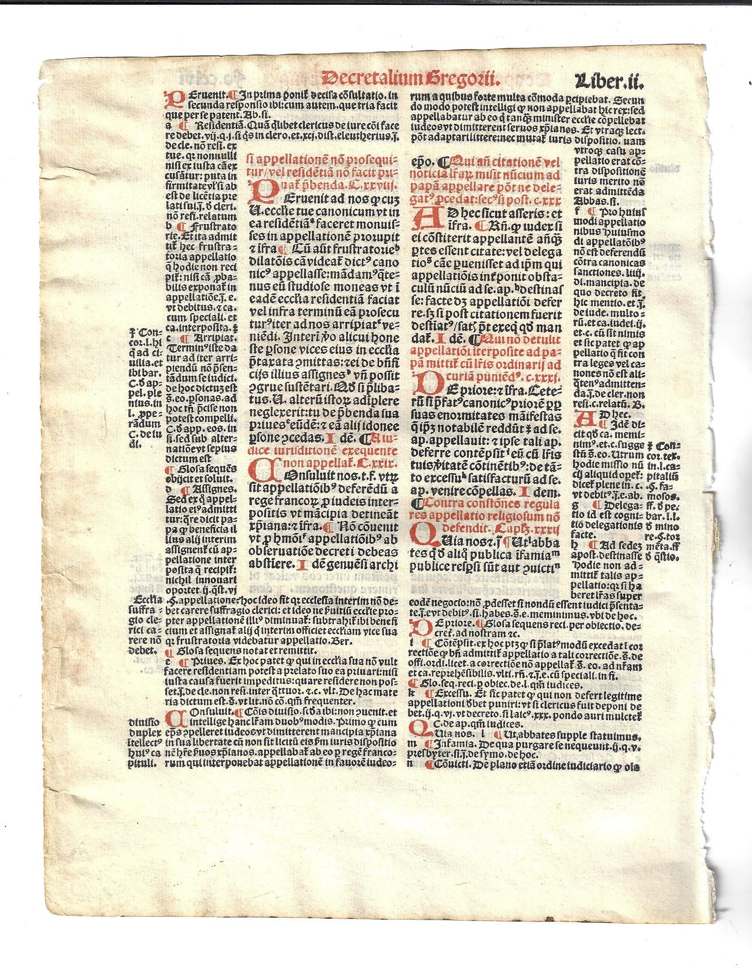 1516 Leaf Decretales Gregory IX: Fine leaf from the Decretales of Pope Gregory IX printed at Paris. In red and black, measures 7 x 8.75". Accompanied by color copy of the title leaf. Reserve: $30.00 Shipping: Domestic: Flat-rate of $
