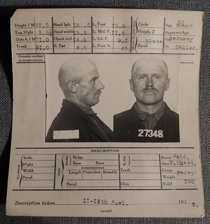 1917 Mugshot Armed with a Deadly Weapon Mustached: Title: 1917 Mugshot Armed with a Deadly Weapon Mustached Date/Period: 1917 Medium: B & W Photo on Card Dimension: 6" x 5 1/2" Additional Information: San Francisco Orig. Mugshot on Info Card Reserve: 