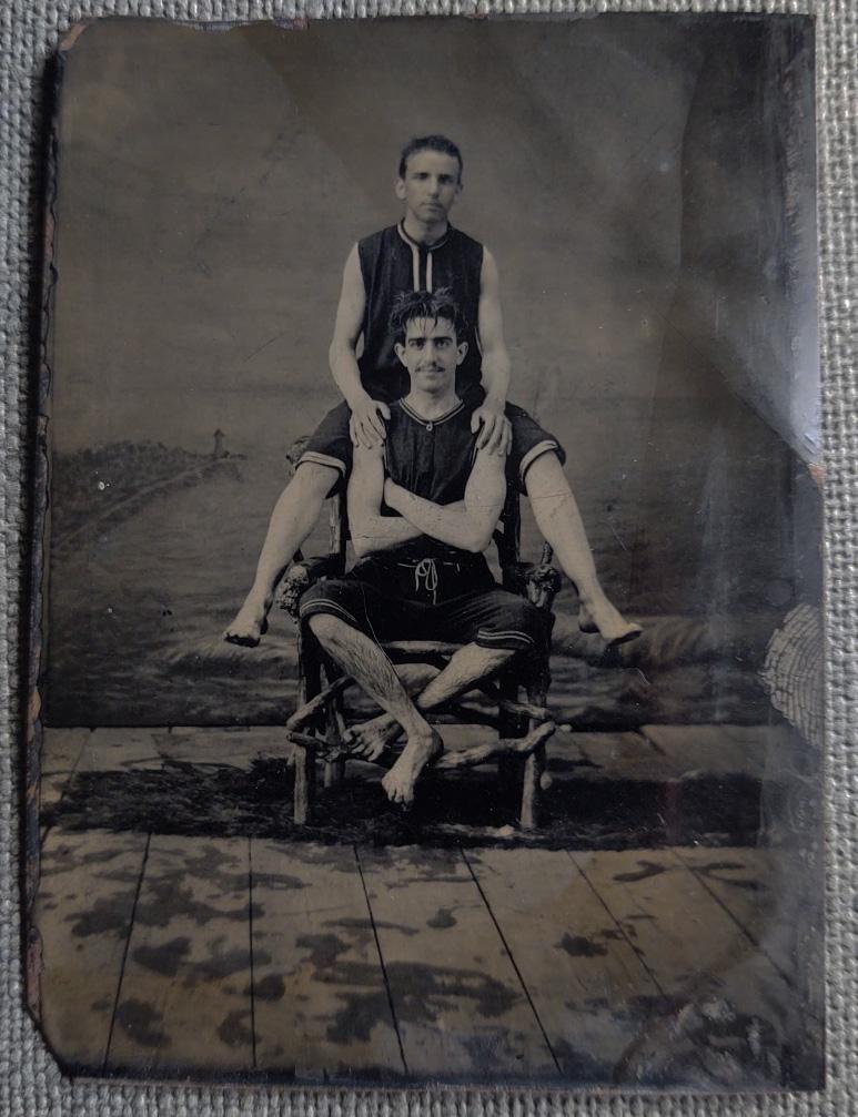 1890's Tintype of 2 Wet Male Swimmers Odd Posing (1 of 1)