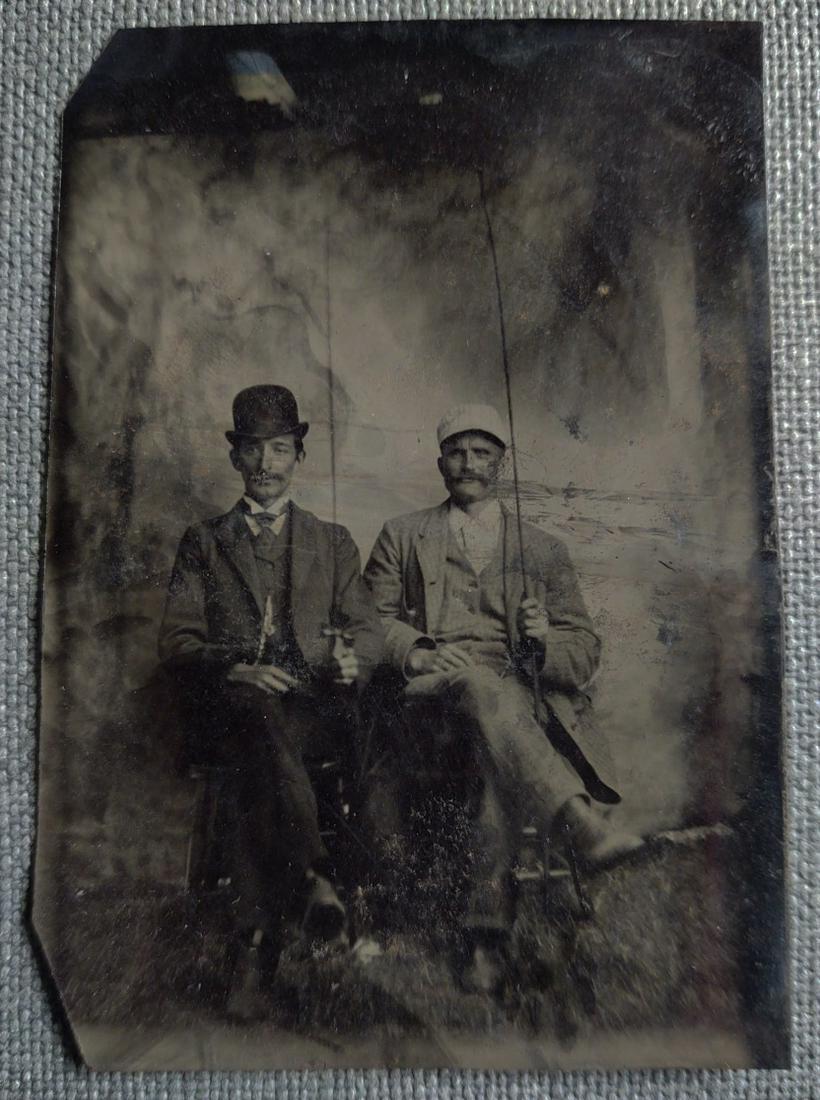 Ca 1880's Tintype of 2 Male Fishermen with Poles (1 of 2)