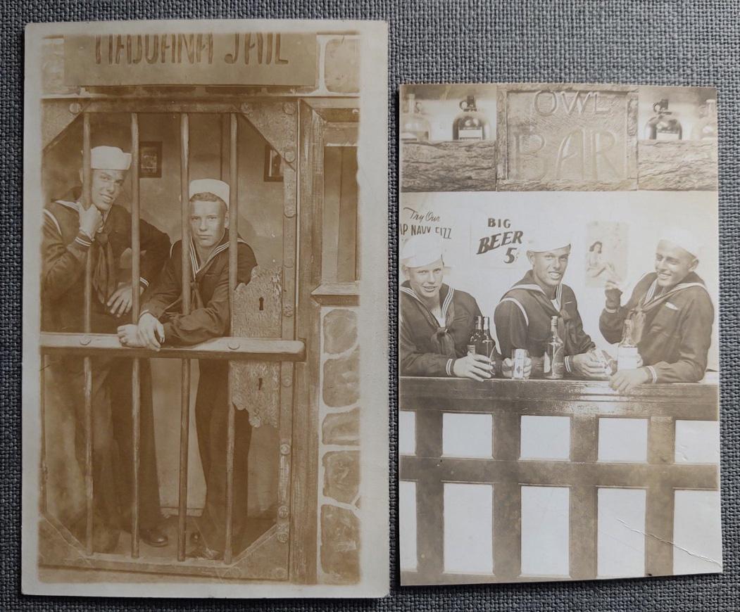 2 Related Arcade Photos of Sailors in Jail & at the Bar: Title: 2 Related Arcade Photos of Sailors in Jail & at the Bar Date/Period: 1930's-40's Medium: Sepia RPPCs Dimension: 3 1/2" x 5 1/2" Largest Additional Information: Fun Pair of Photos - Affectionate